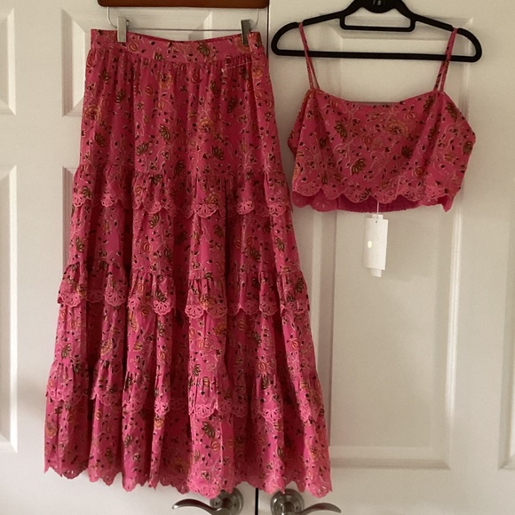 Caroline Constas 2pc Set Crop Spaghetti Top Maxi Skirt Pink Cotton Eyelet Ruffle - Picture 2 of 16